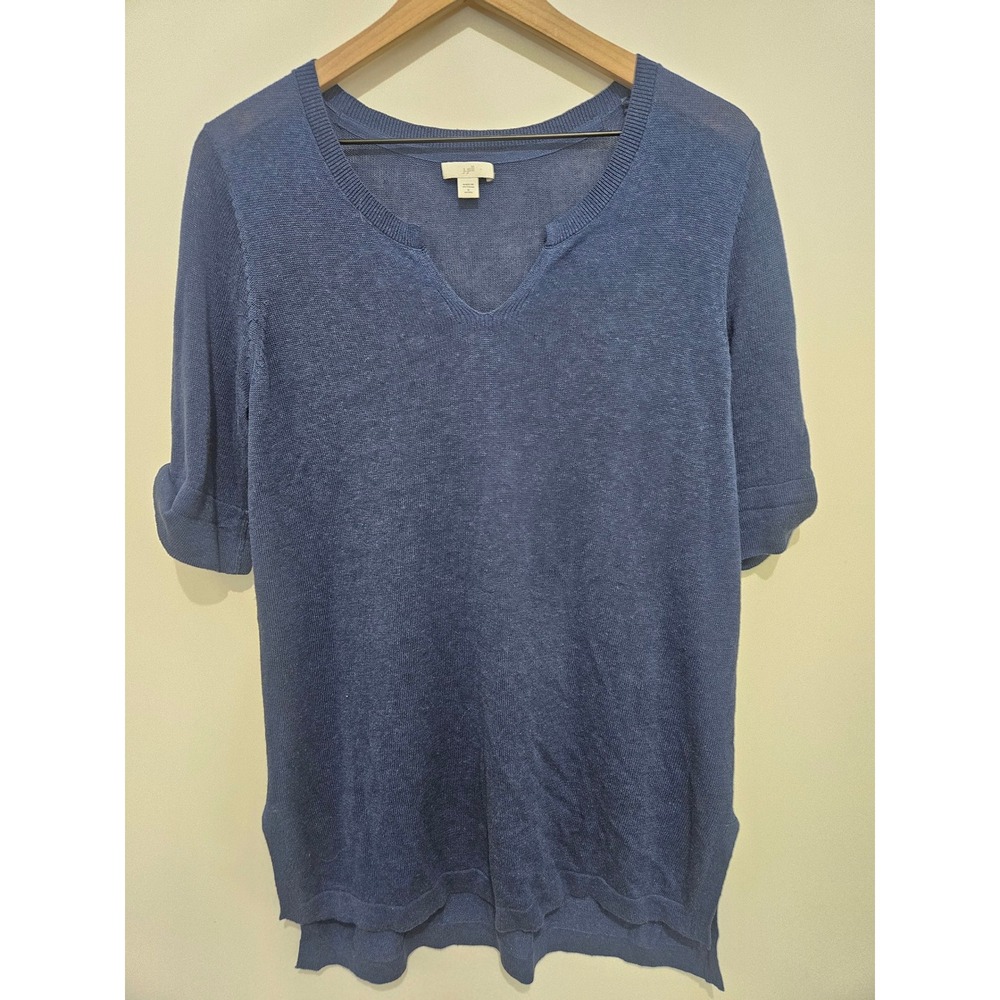 J. Jill Blue Linen Blend Notched‎ V-Neck Short Sleeve Sweater Top Womens Small P